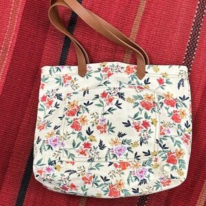 Floral Canvas Tote Bag with Brown Handles - Cream Floral